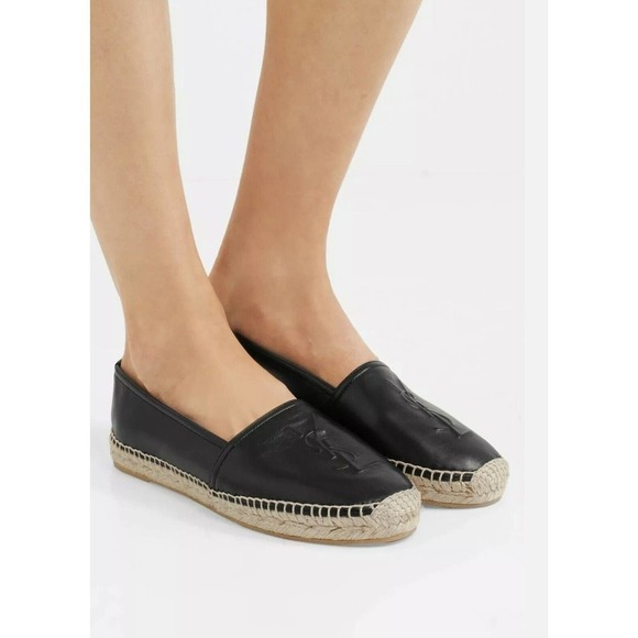 YSL SAINT LAURENT WOMEN’S LOGO ESPADRILLE BLACK LEATHER SZ-10 US/40 EU $650 - Picture 1 of 12